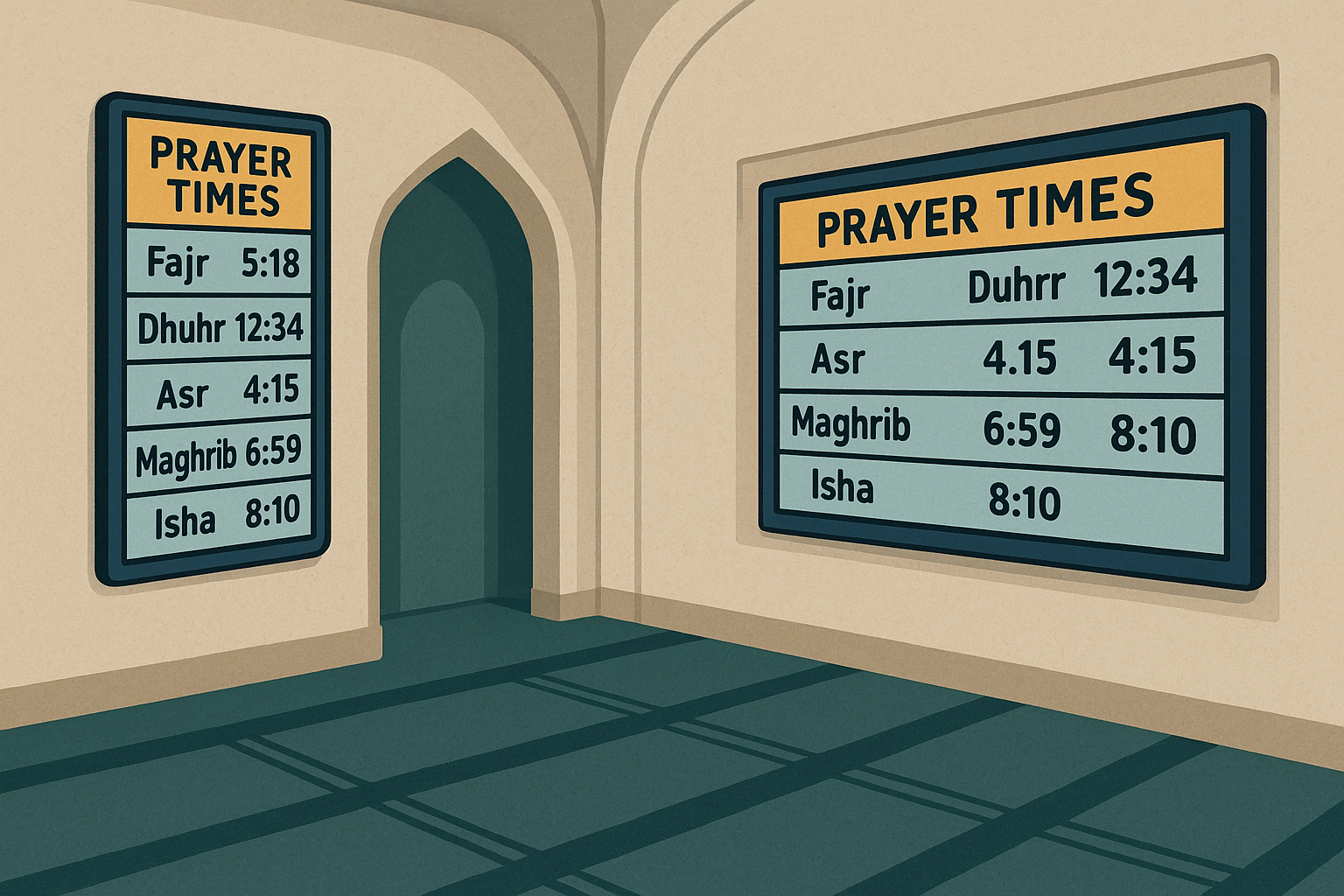 A caricature of how prayer clocks running in landscape and portrait orientations.