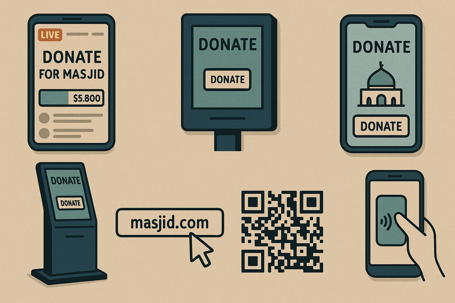 Mosque donation management dashboard showing real-time donation tracking, automated receipts, and multi-channel giving options