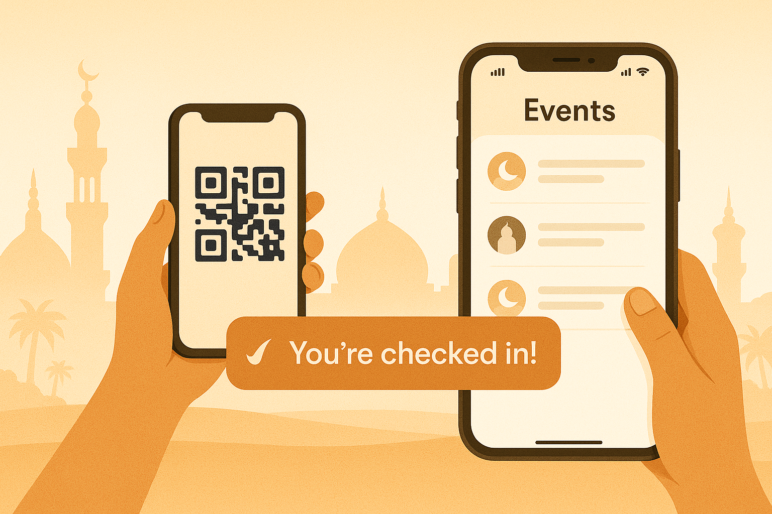 Mosque event management dashboard showing event registration, class enrollment, ticketing, and volunteer check-in features